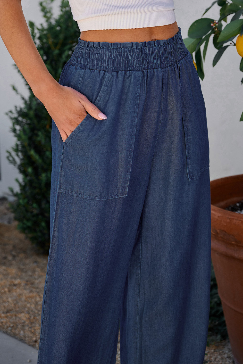 Side Pockets Frilled Smocked High Waist Wide Leg Jeans