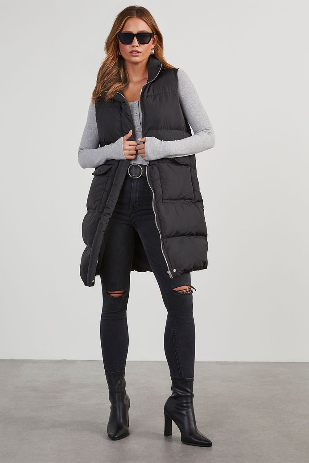 Windproof Longline Full Zipper Puffer Vest with Pockets