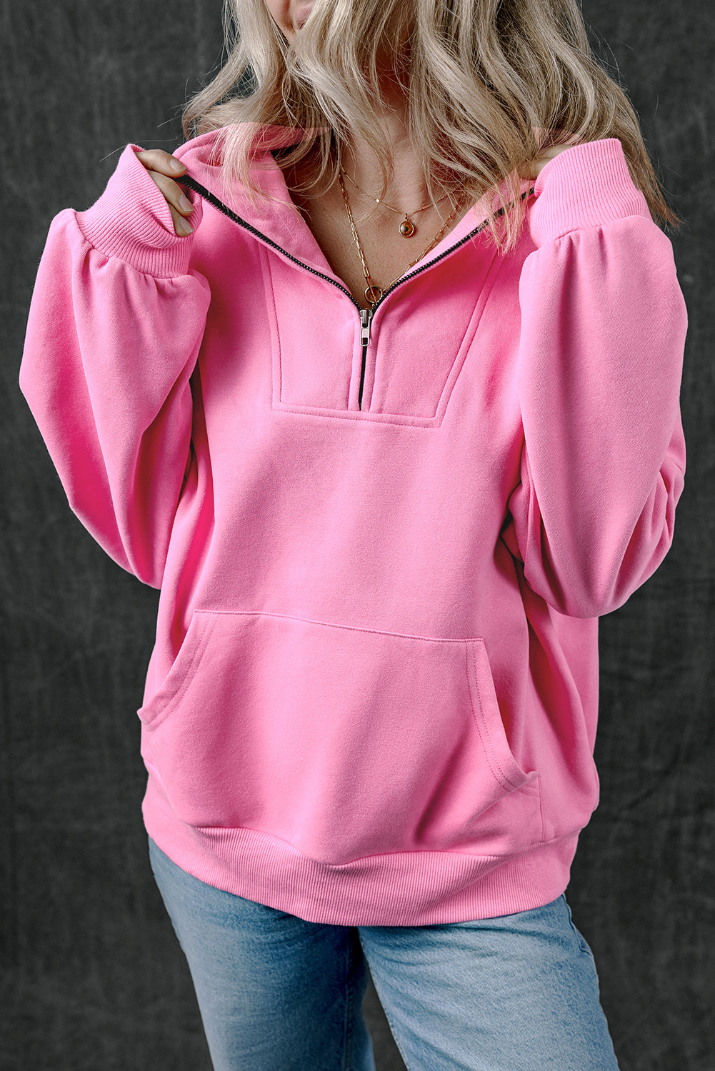 Bonbon Zip-up Stand Neck Kangaroo Pocket Sweatshirt