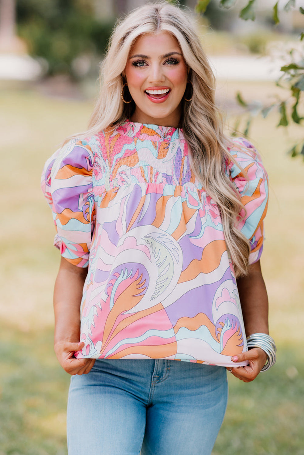 Pink Abstract Blouse with Bubble Sleeve