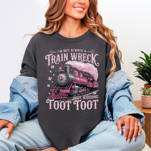 Person wearing a black sweatshirt with a train graphic and text.