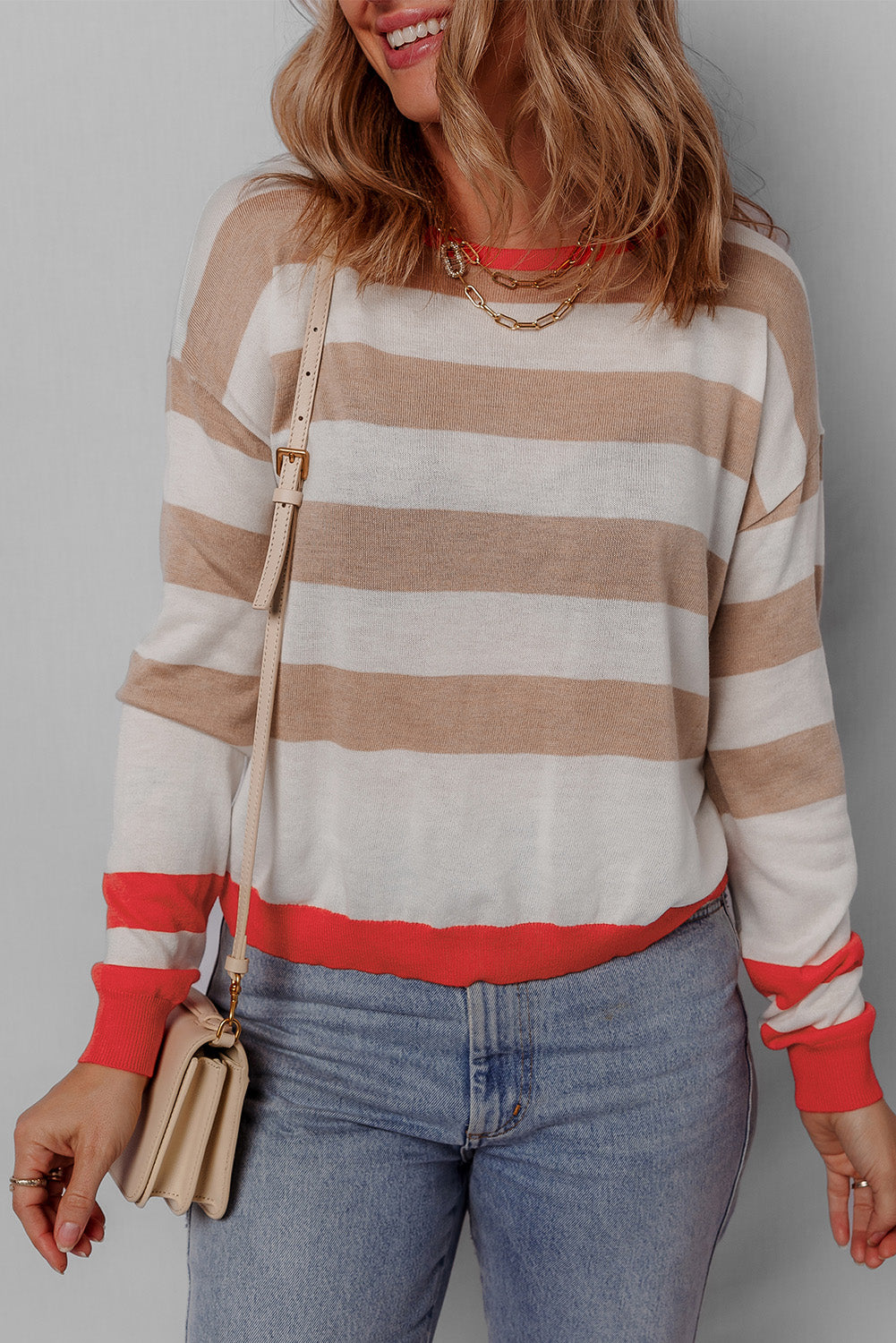 Apricot Striped Round Neck Drop Shoulder Sweater