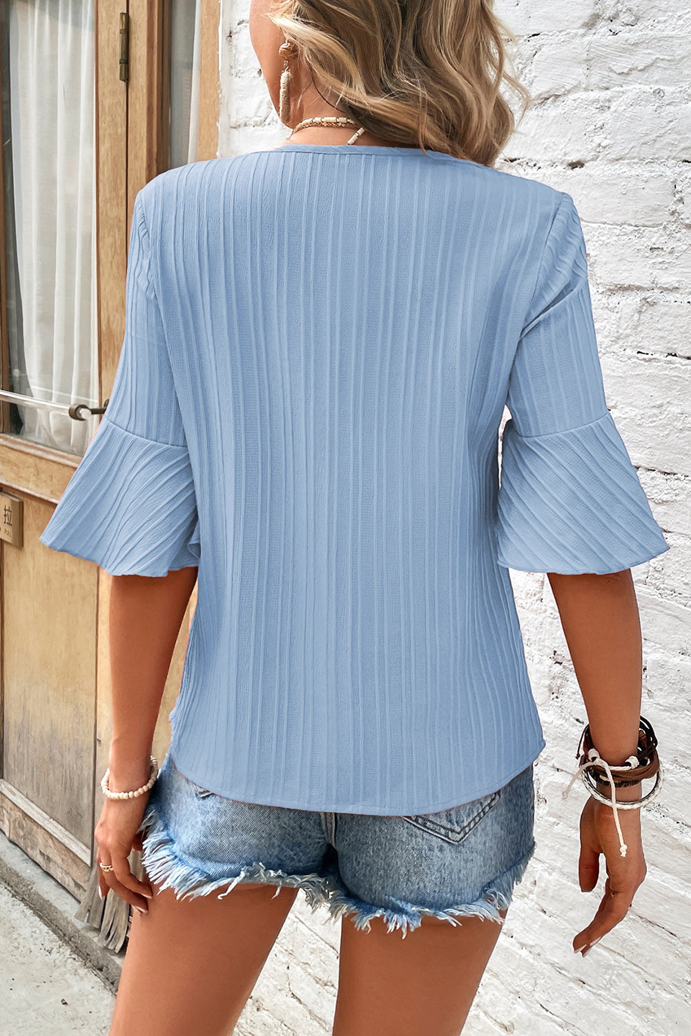 Ruffled Half Sleeve V-Neck Textured Top