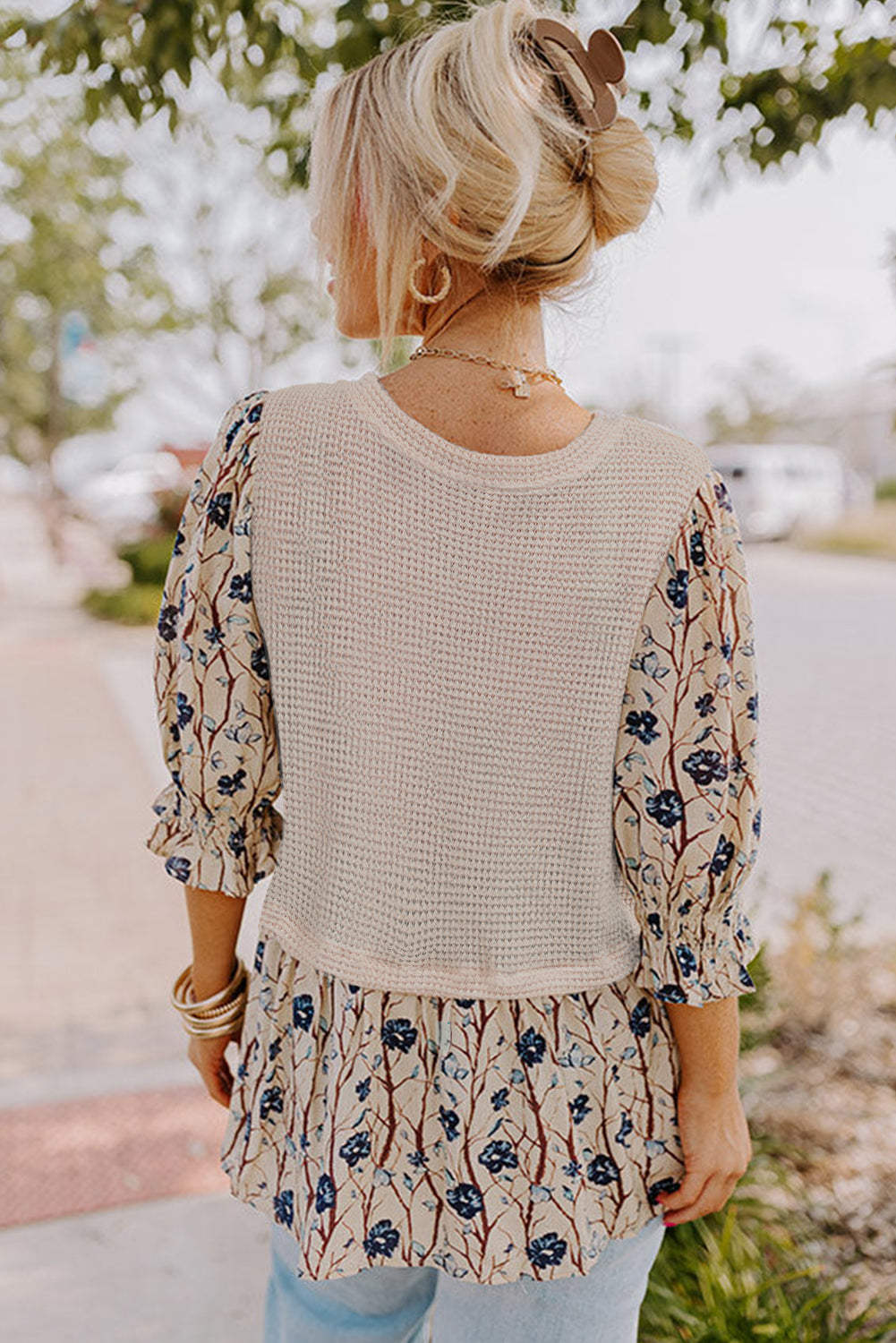 Beige Faux Two Piece Knit Patchwork Floral Top in CURVY SIZE ONLY