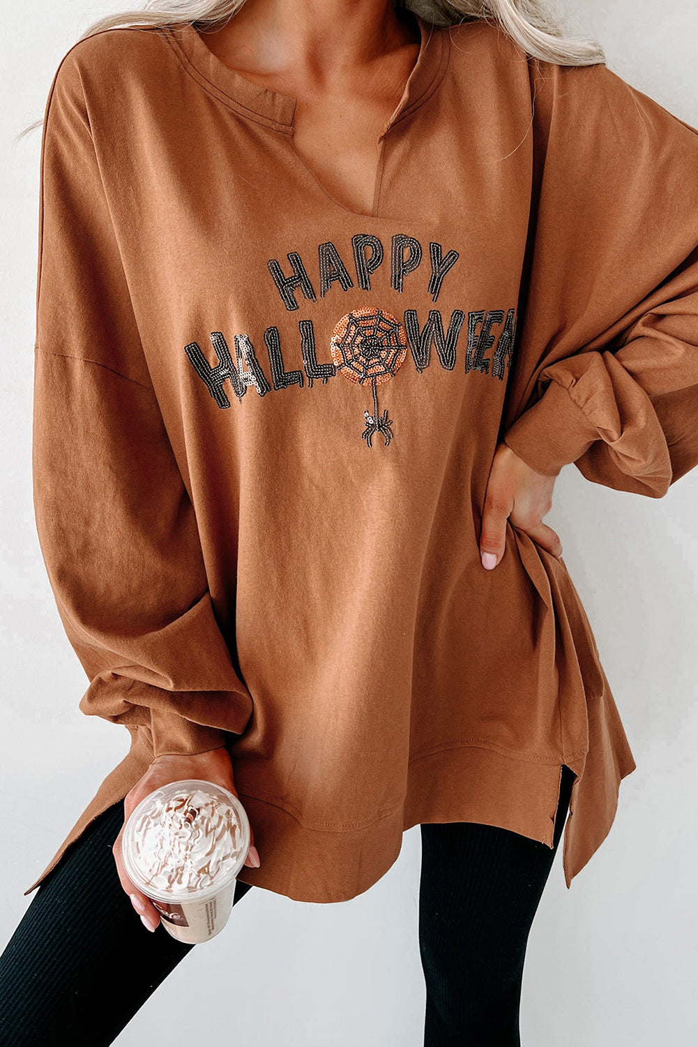 Chestnut Sequin Happy Halloween Graphic Notched Neck Long Sleeve Loose Top