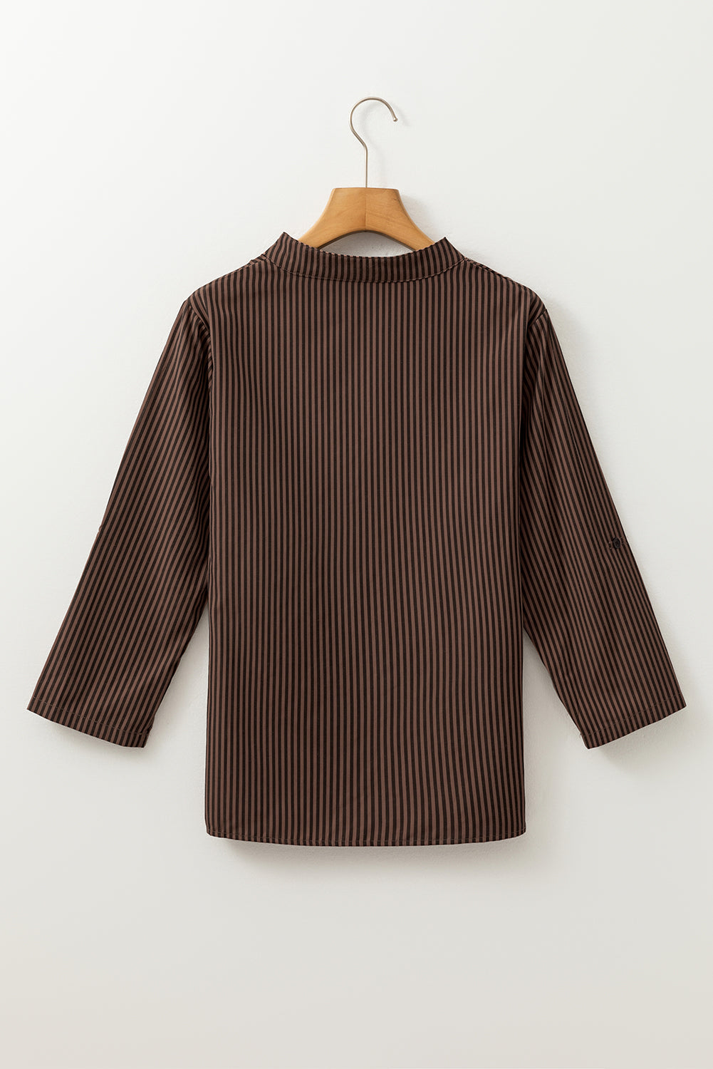 Brown Stripe V Neck Roll Up Sleeve Classic Shirt