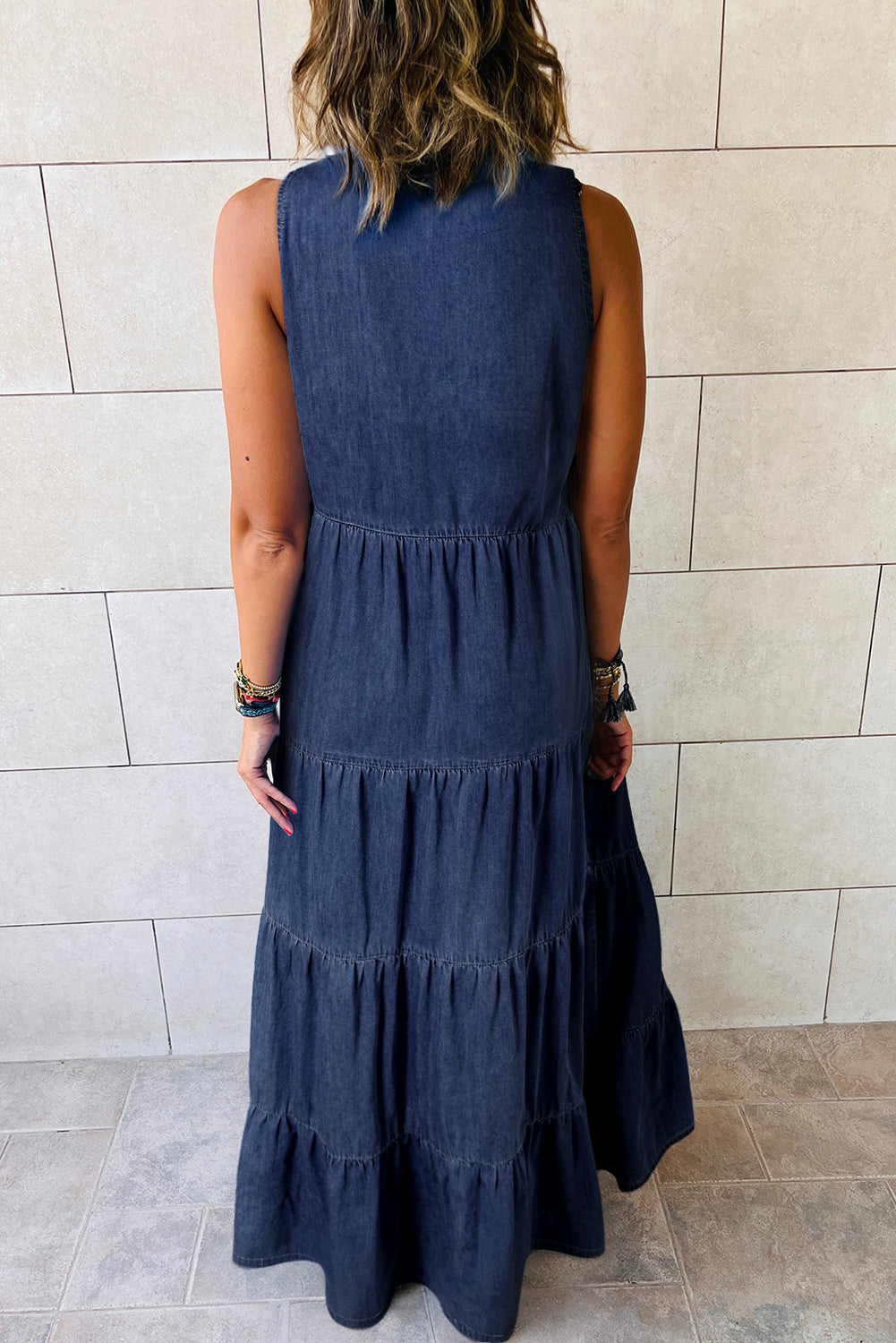 Sleeveless Tiered Chambray Maxi Dress