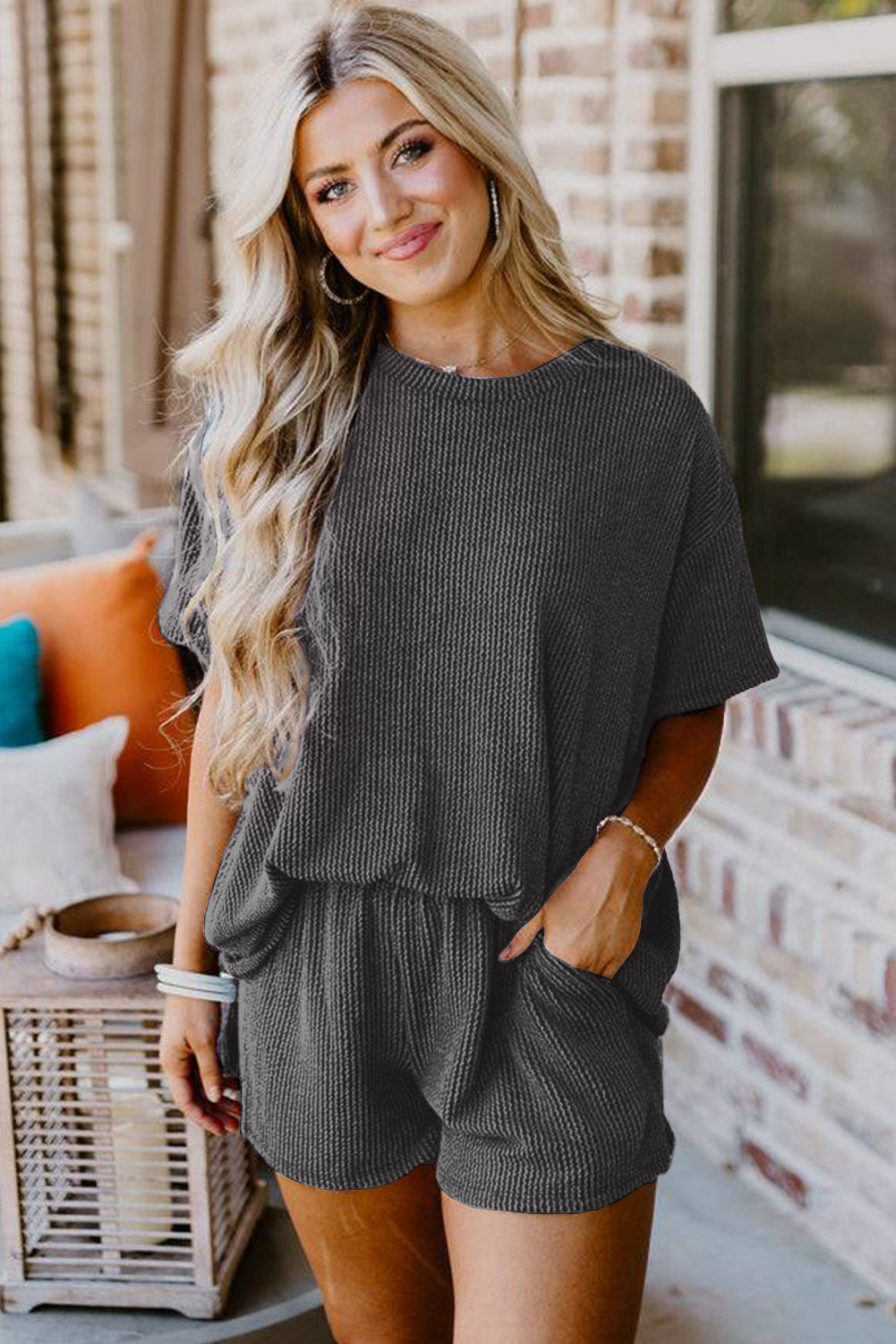 Ribbed Textured Knit Loose Fit Tee and Shorts Set