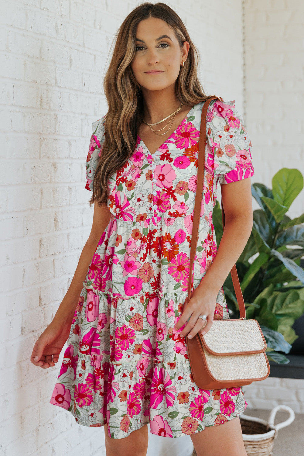 Pink Floral Print Patchwork Frill Tiered Shift Dress