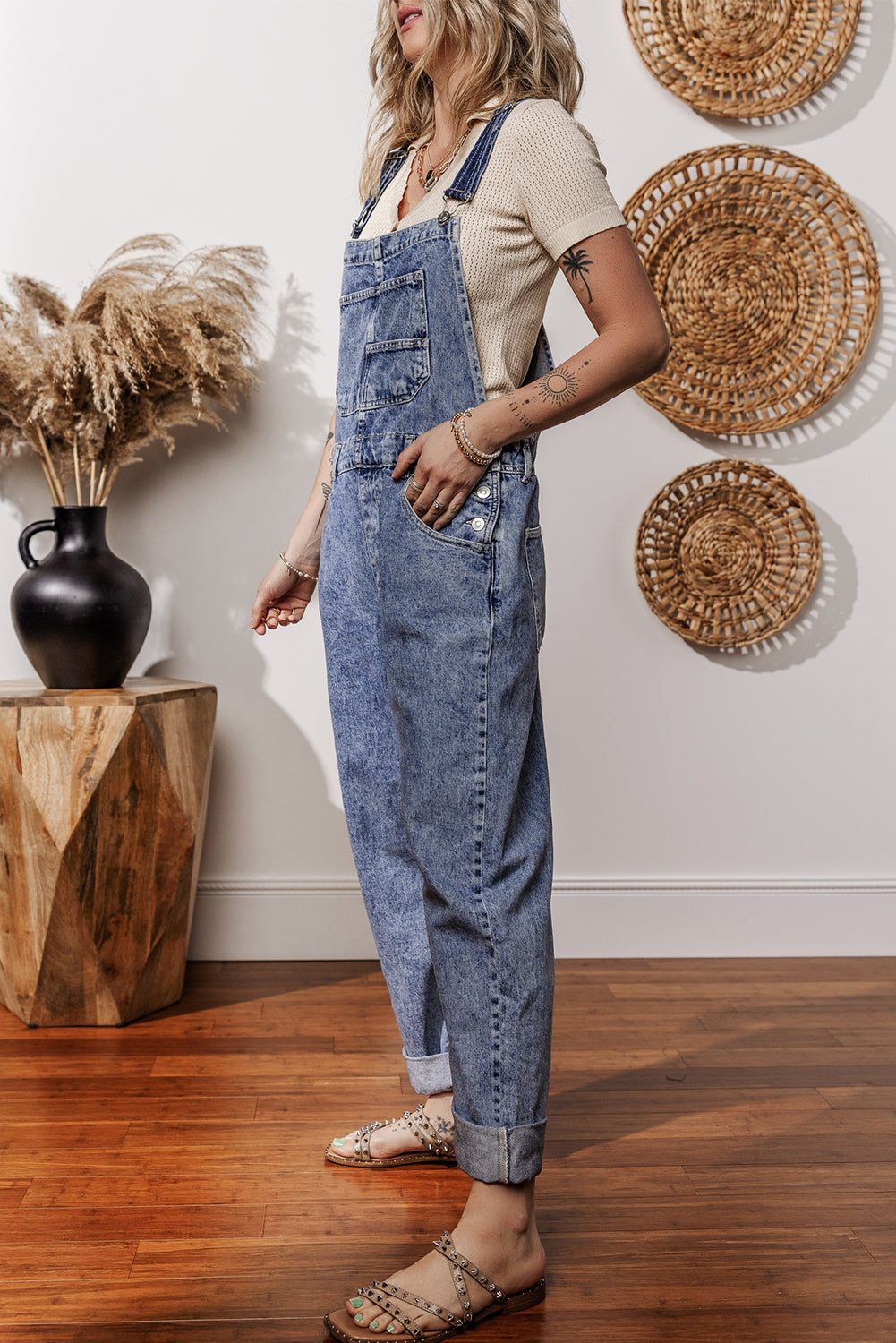 Denim Bib Straight Leg Jumpsuit with Pockets