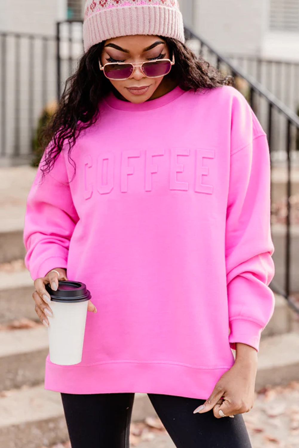 Bright Pink COFEE Letter Embossed Casual Sweatshirt