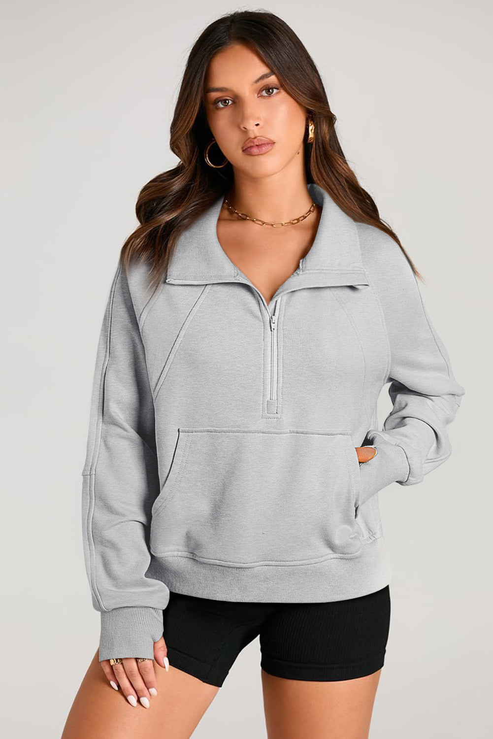 Quarter Zip Stand Neck Kangaroo Pocket Sweatshirt