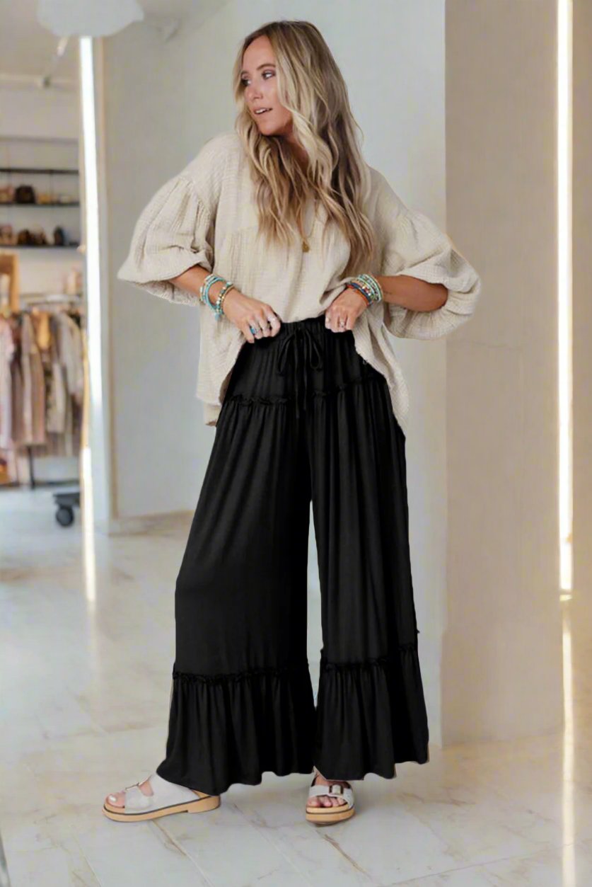 Frilled Drawstring High Waist Wide Leg Pants