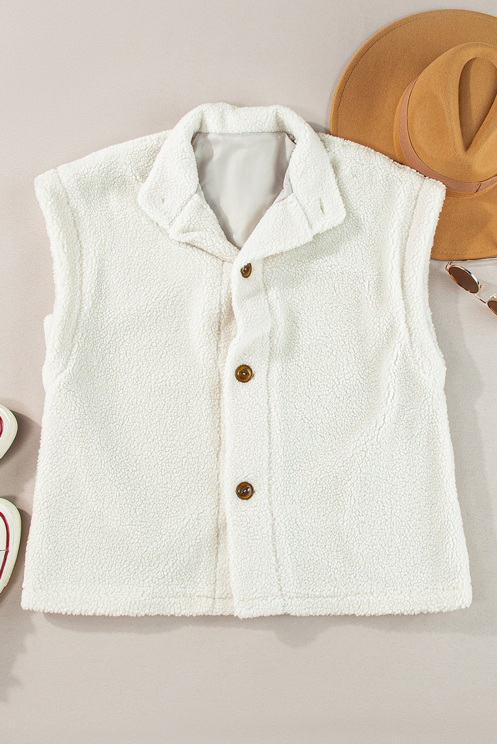 Beige Sherpa Cap Sleeve Stand Collar Vest