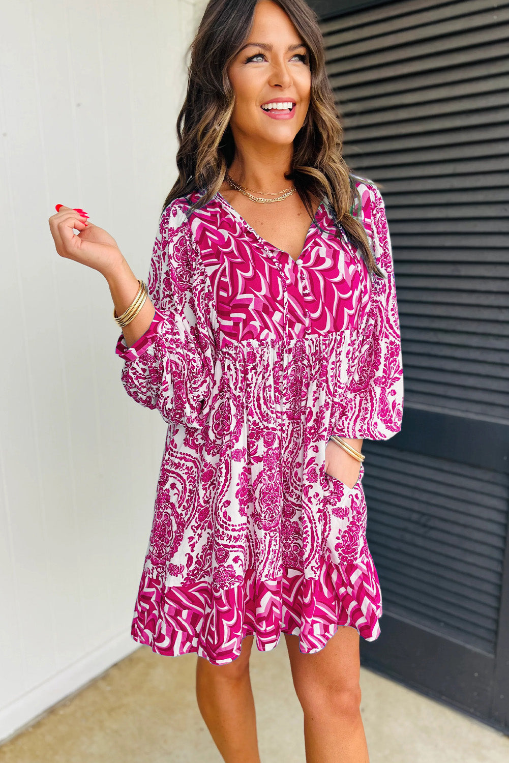 Bohemian Print Puff Sleeve Tied V Neck Flared Mini Dress