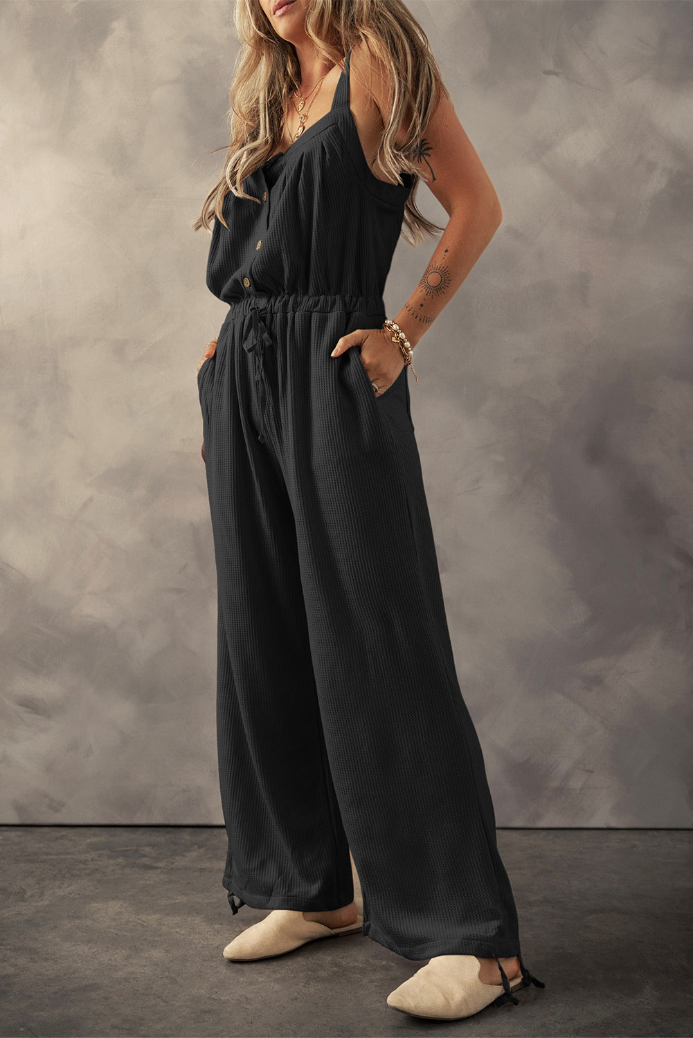 Knotted Straps Button Textured Drawstring Jumpsuit in BLACK