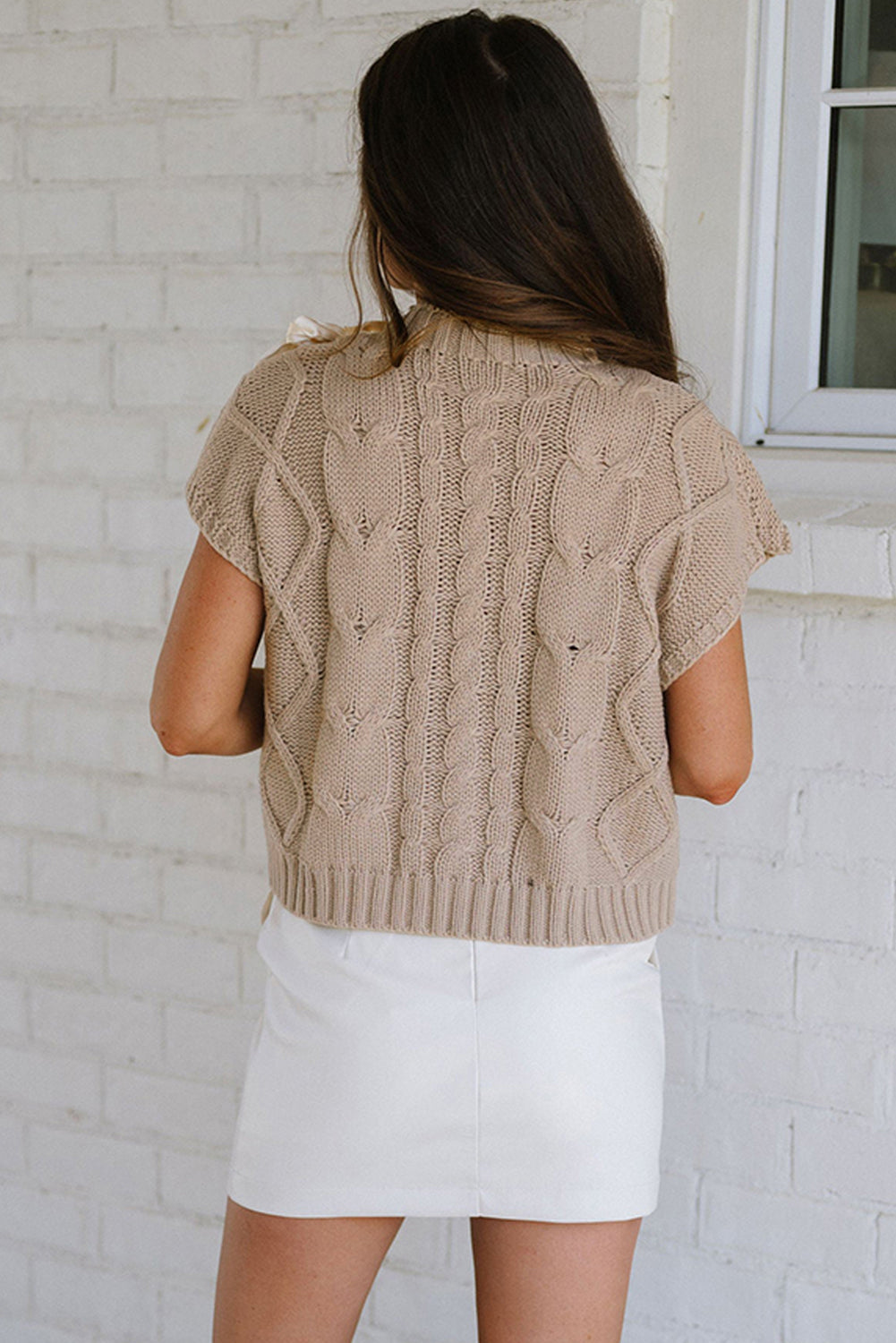 Simply Taupe Cable Knit Satin Bowknot Short Sleeve Sweater