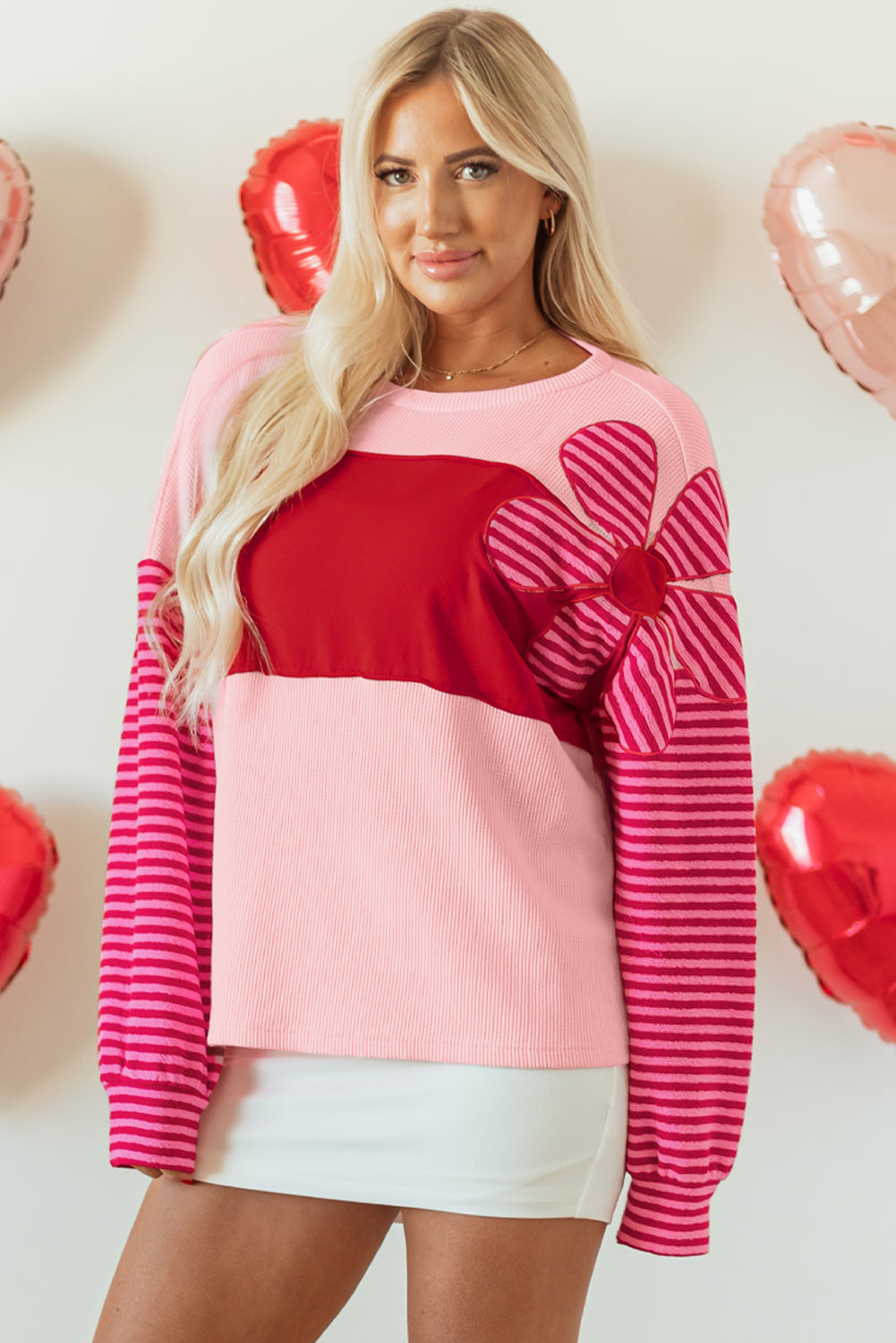 Pink Floral Patch Color Block Striped Sleeve Textured Top