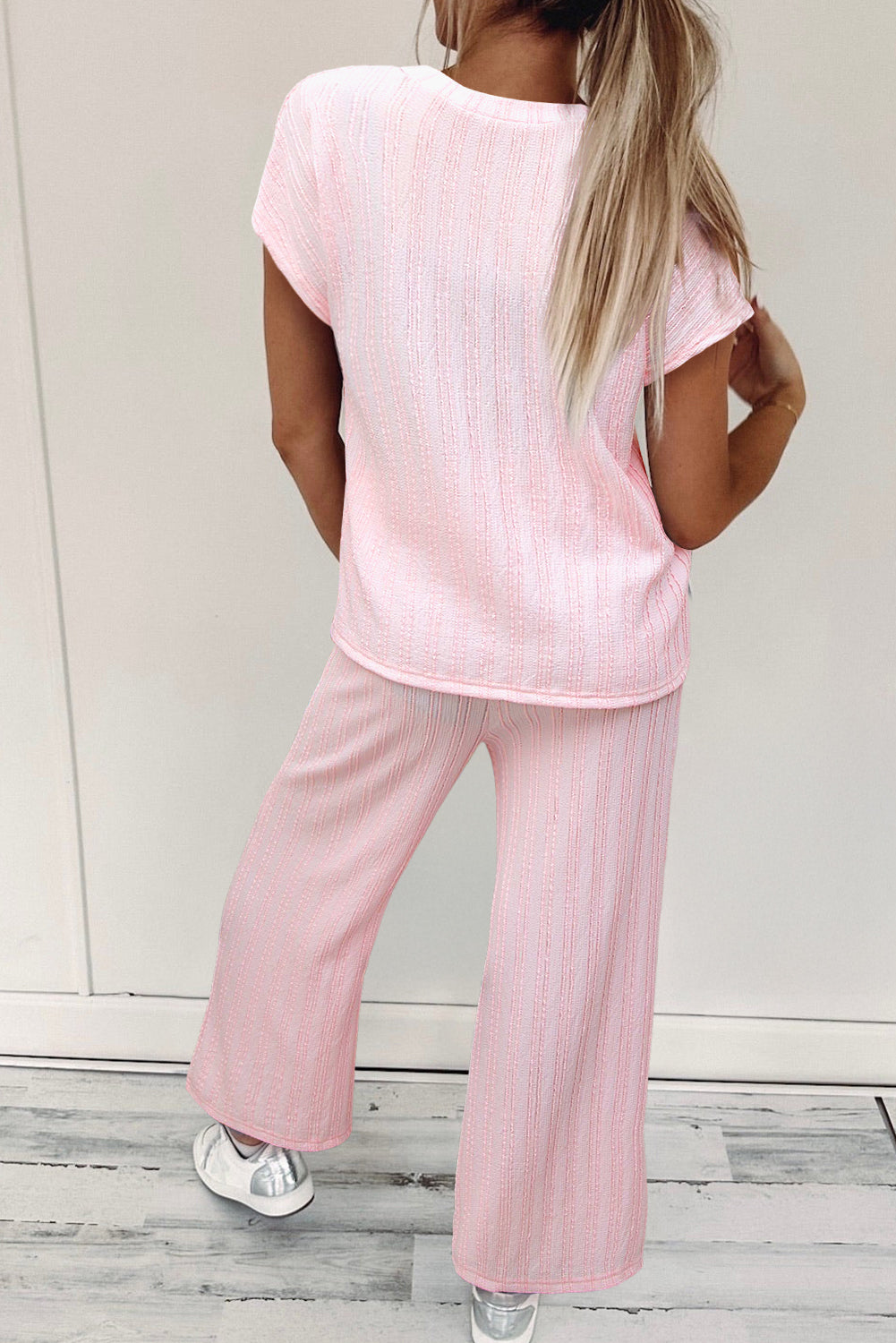 Light Pink Textured Short Sleeve Henley Top and Pocketed Wide Leg Pants