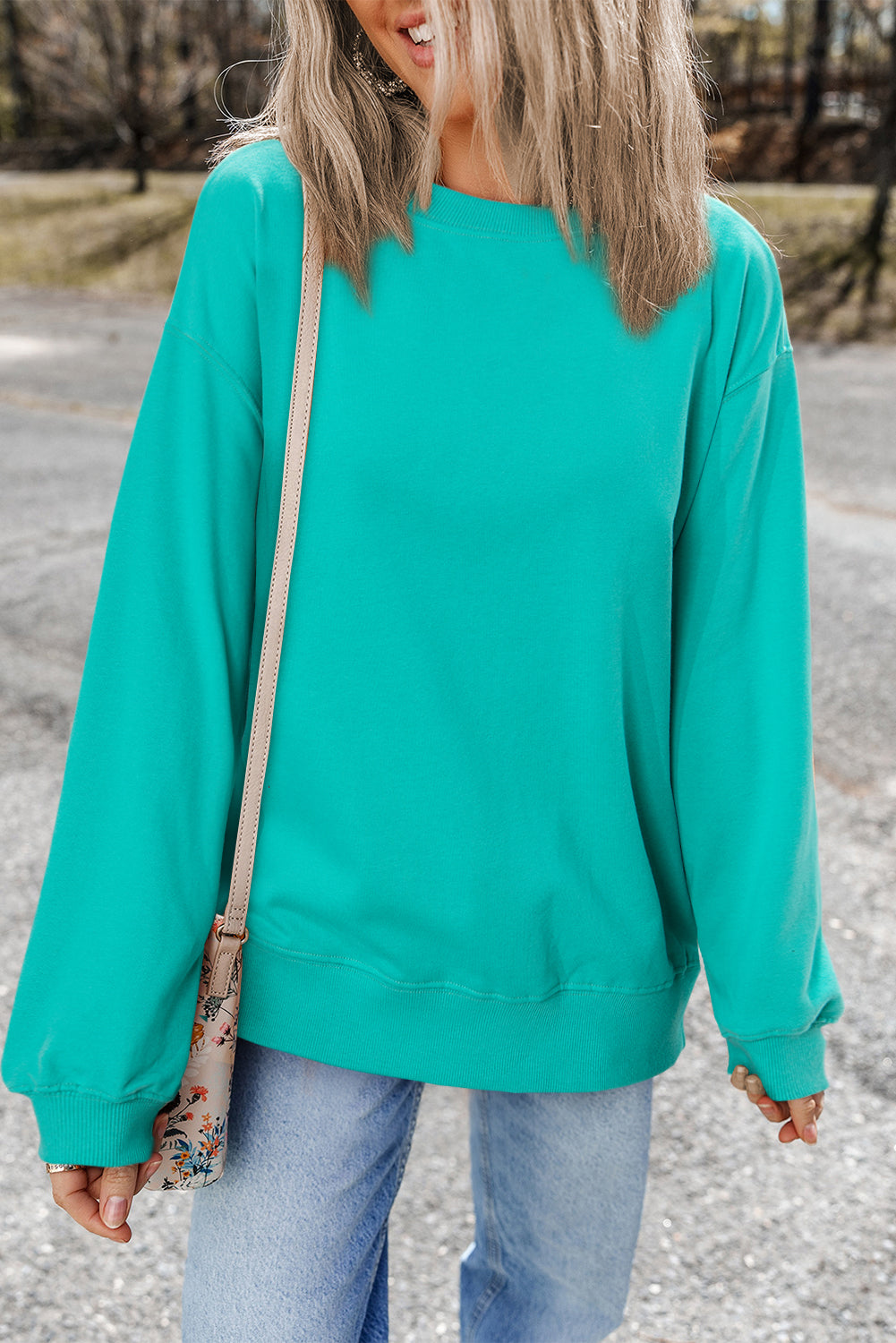 Plain Drop Shoulder Crewneck Pullover Sweatshirt