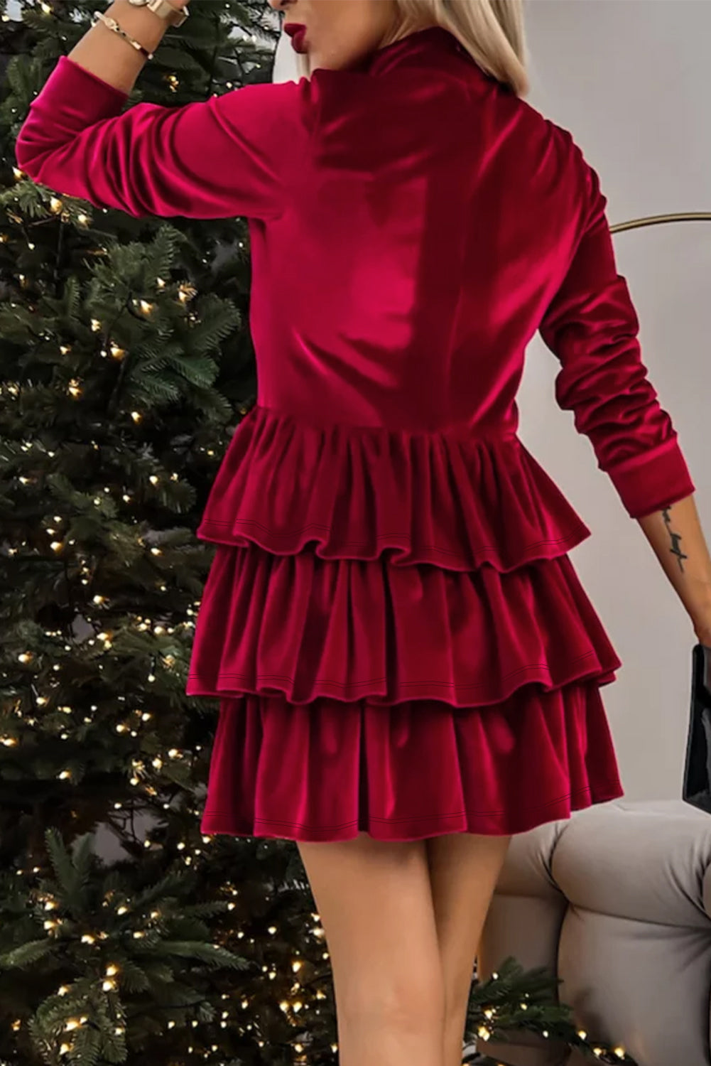 Velvet High Neck Tiered Ruffle Mini Dress