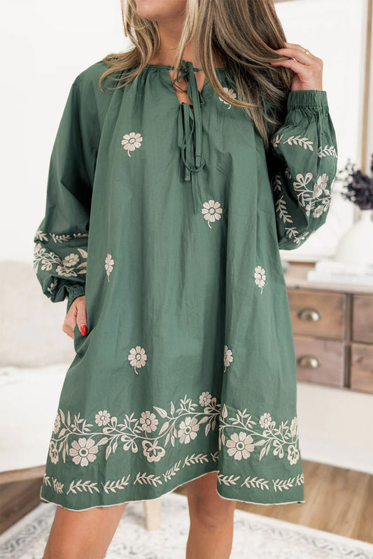 Mist Green Boho Floral Pattern Puff Sleeve Dress