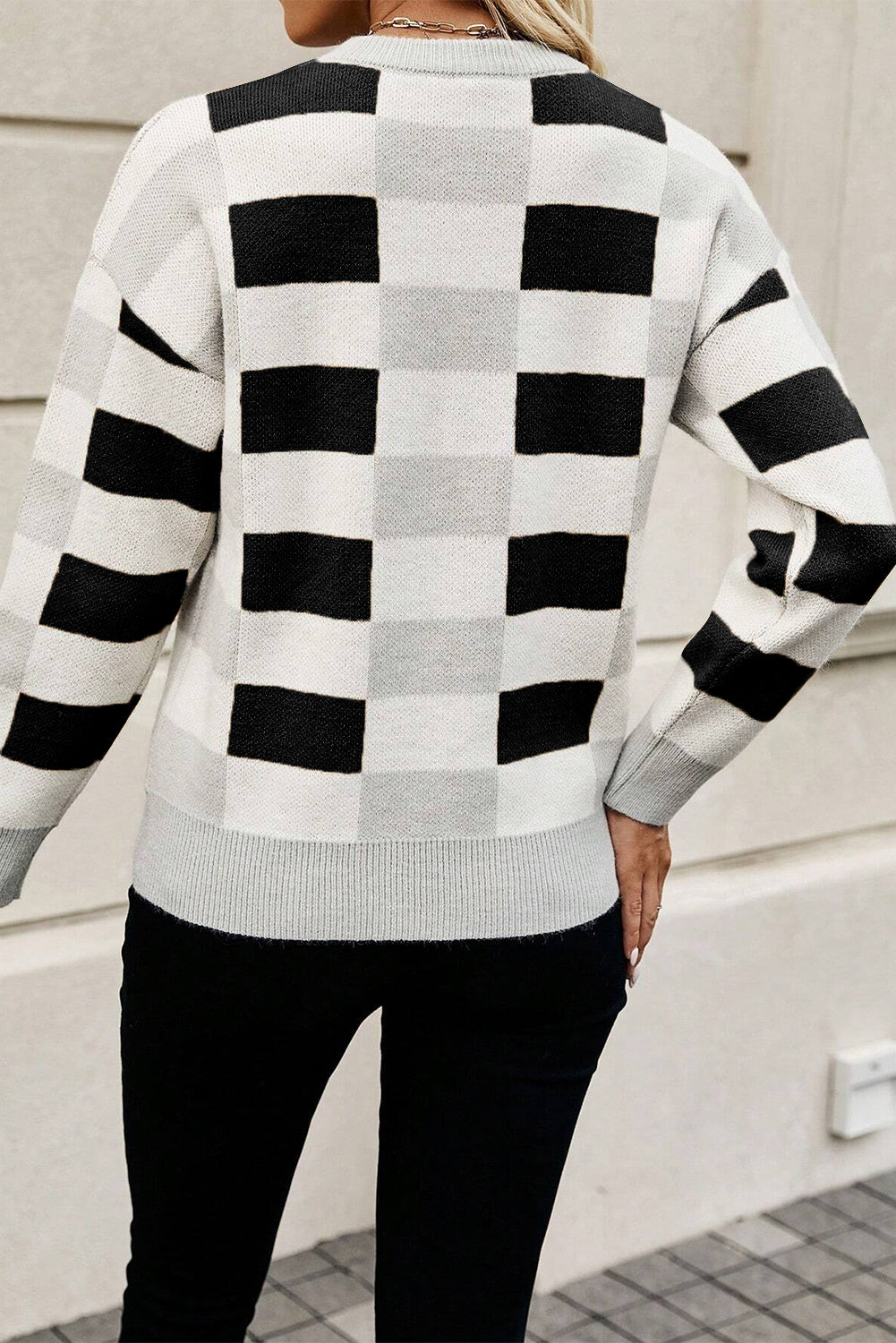 Checkered Ribbed Edge Drop Shoulder Sweater