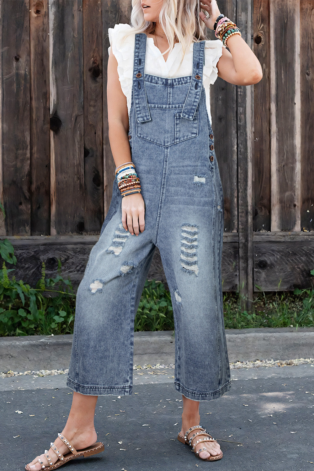 Stone Blue Distressed Bib Pocket Wide Leg Denim Overall