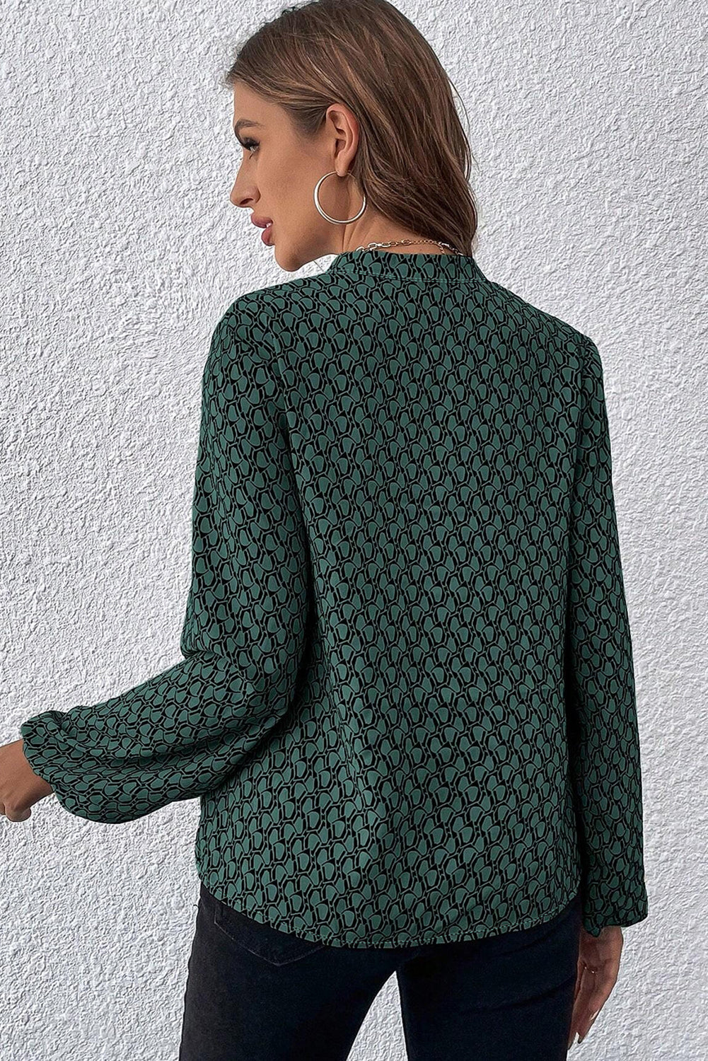 Geometric Print Notched Neck Puff Sleeve Blouse