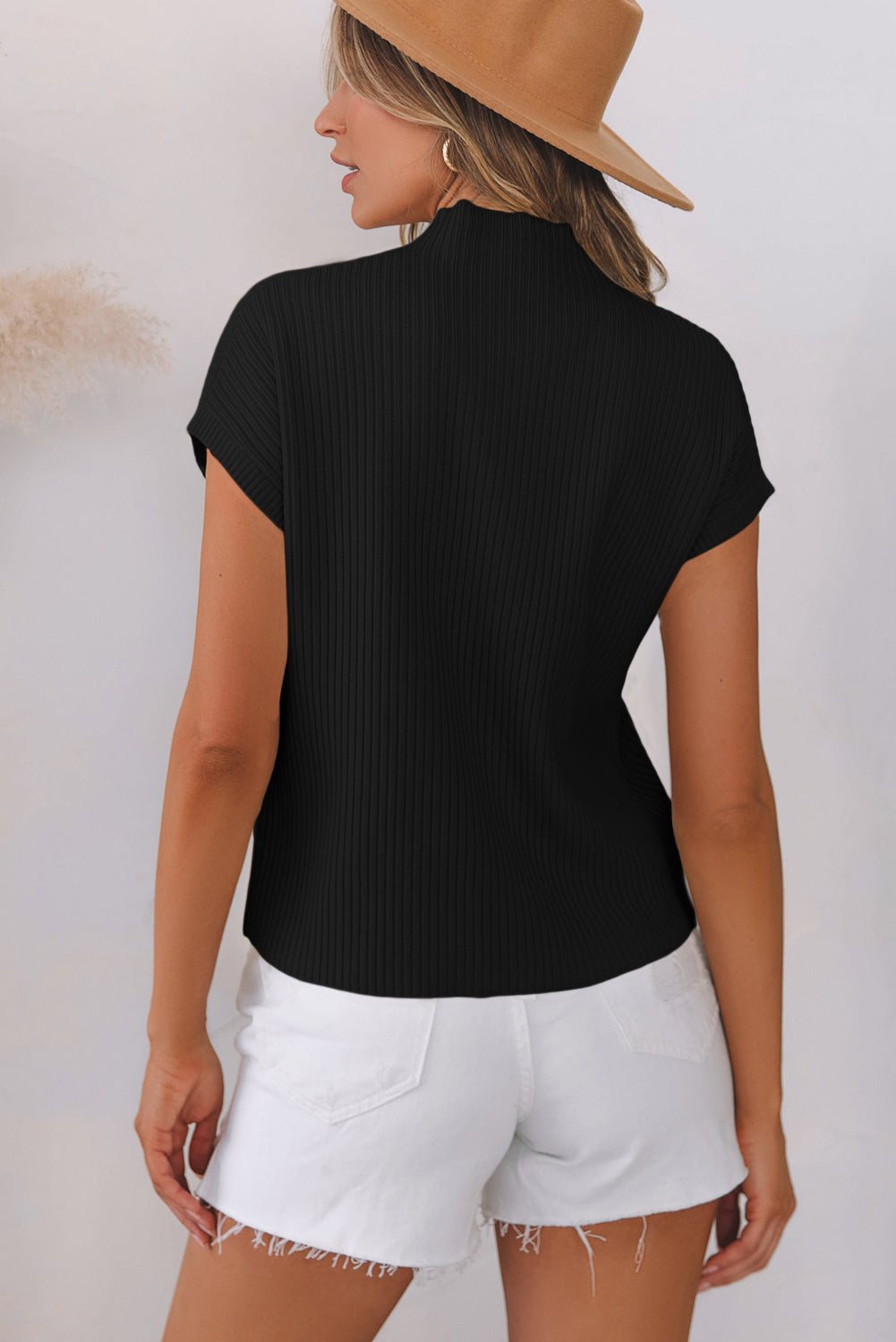 Patch Pocket Ribbed Knit Short Sleeve Sweater