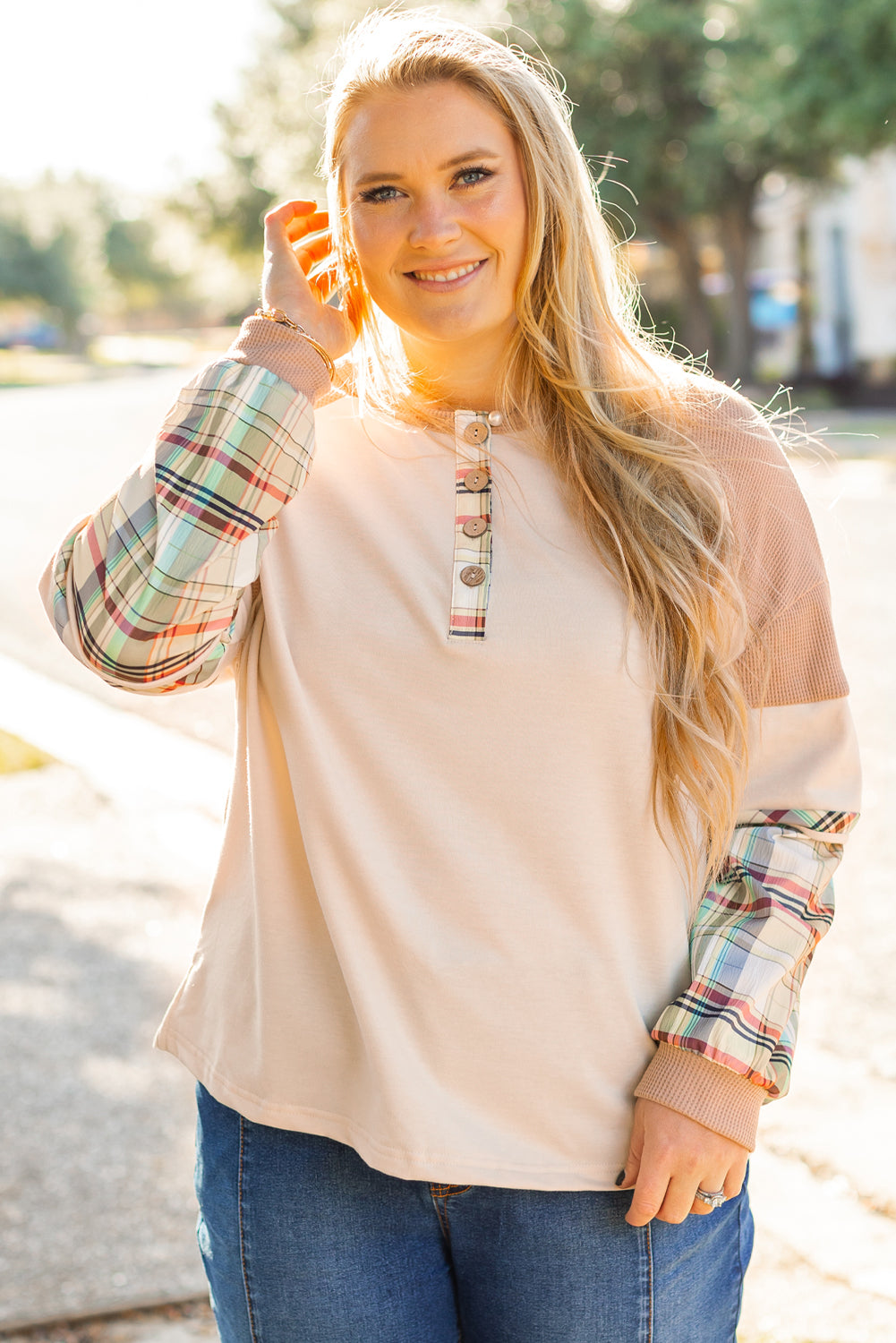 Plaid Patchwork Layered Henley Top in CURZY SIZE ONLY