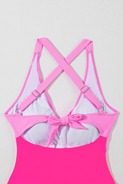Flared One Piece Swimsuit with Crisscross Straps & Tie in rose