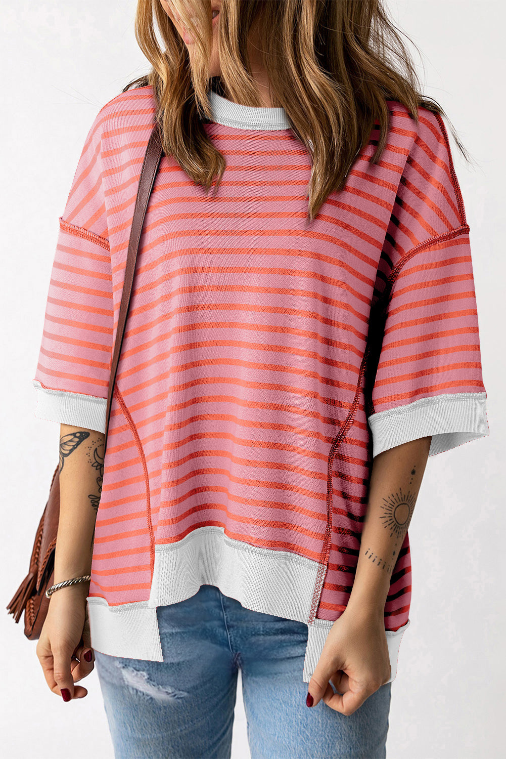 Oversized Contrast Trim Exposed Seam High Low T Shirt