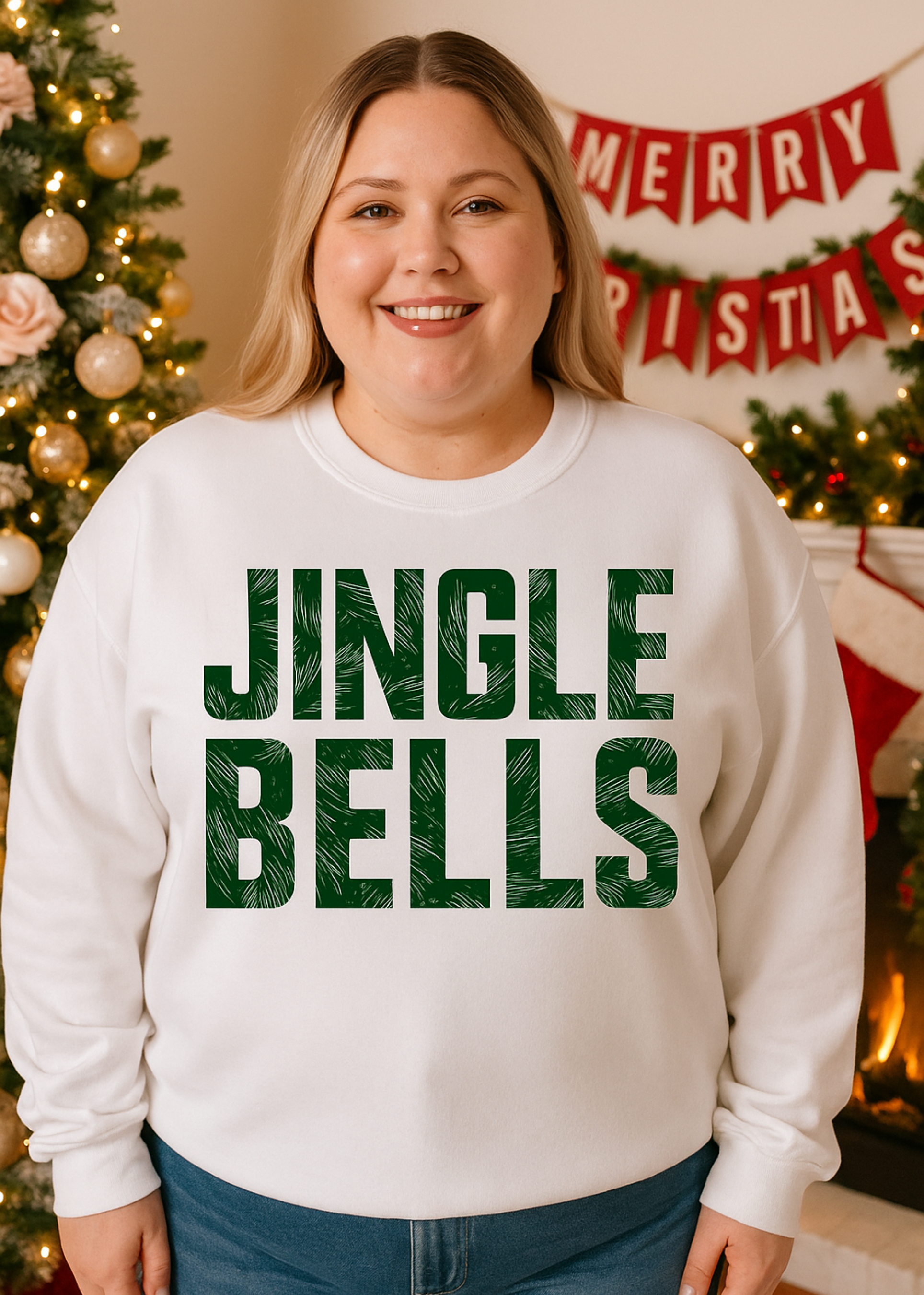 Person wearing a white sweatshirt with 'Jingle Bells' text in a festive setting.
