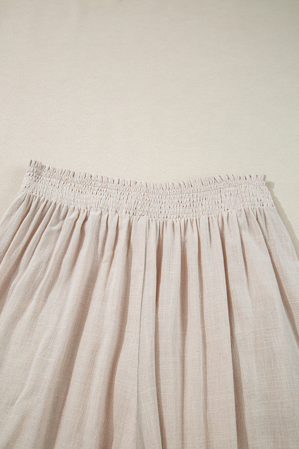 Beige Smocked High Waist Wide Leg Pants in CURVY SIZE ONLY