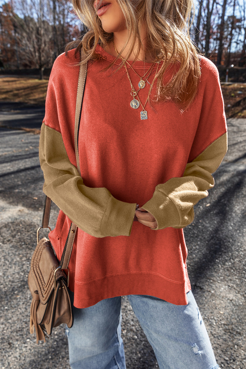 Two Tone Patchwork Drop Shoulder Pullover Sweatshirt