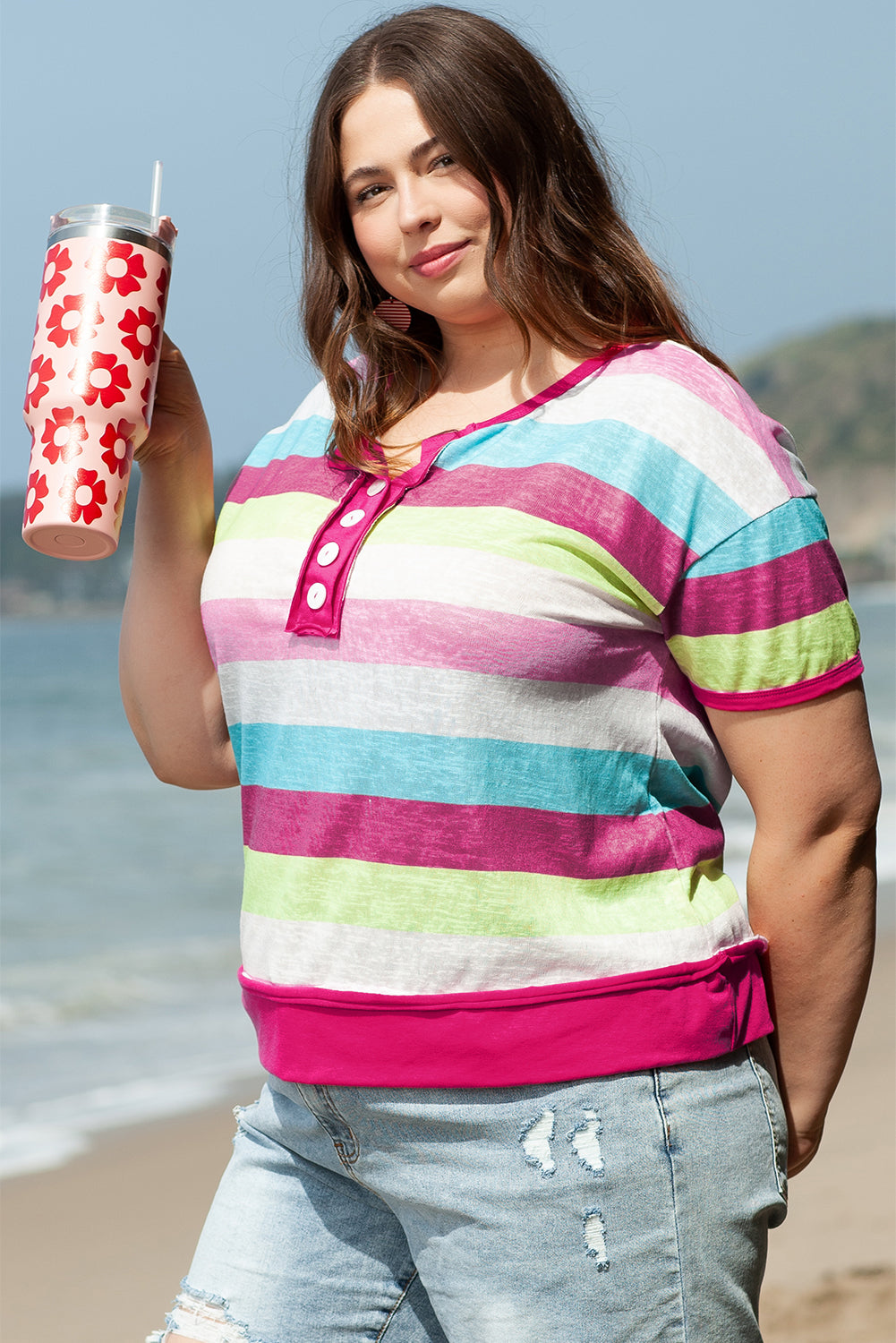 Rose Stripe Textured Knit Short Sleeve Top in CURY ONLY