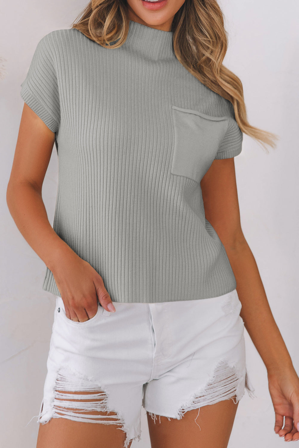 Patch Pocket Ribbed Knit Short Sleeve Sweater