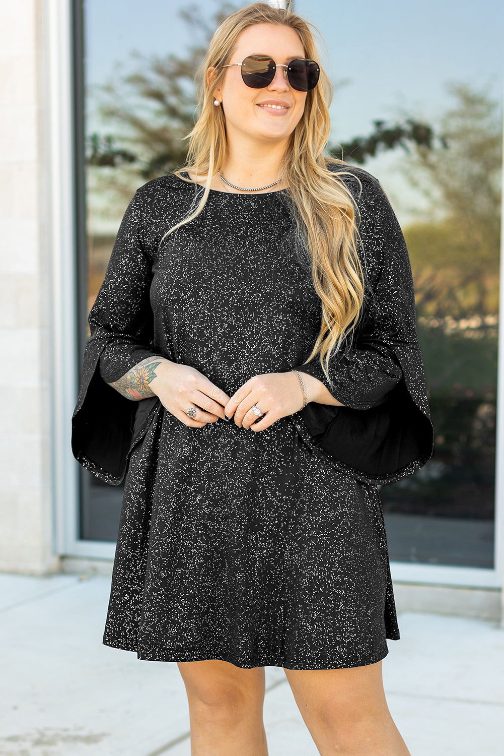 Black Glitter Metallic Bell Sleeve Mini Dress in CURVY SIZE ONLY