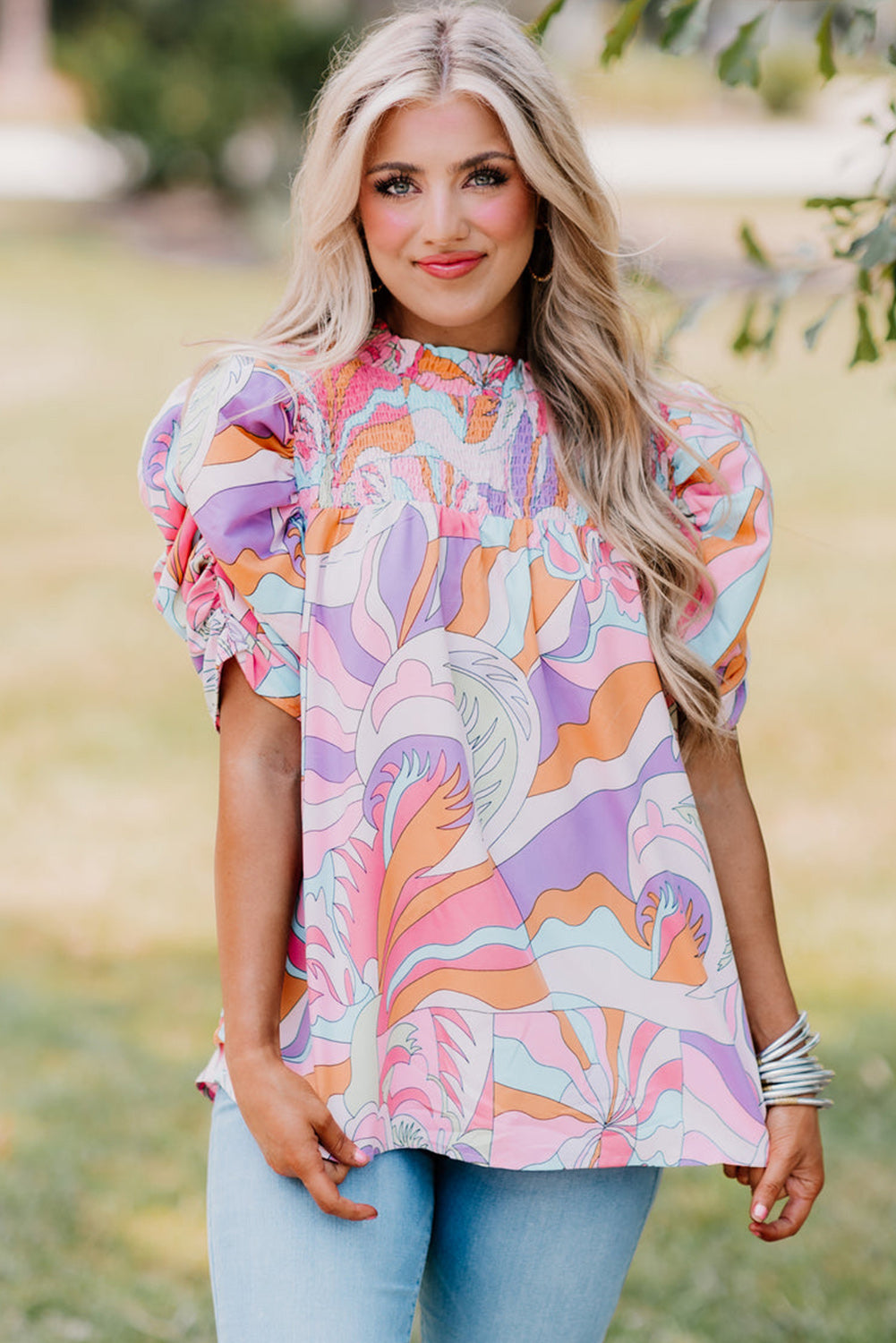 Pink Abstract Blouse with Bubble Sleeve