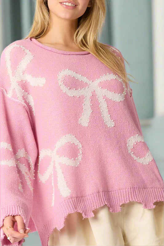 Pink Pearl Beaded Bowknot Pattern Distressed Split Hem Sweater