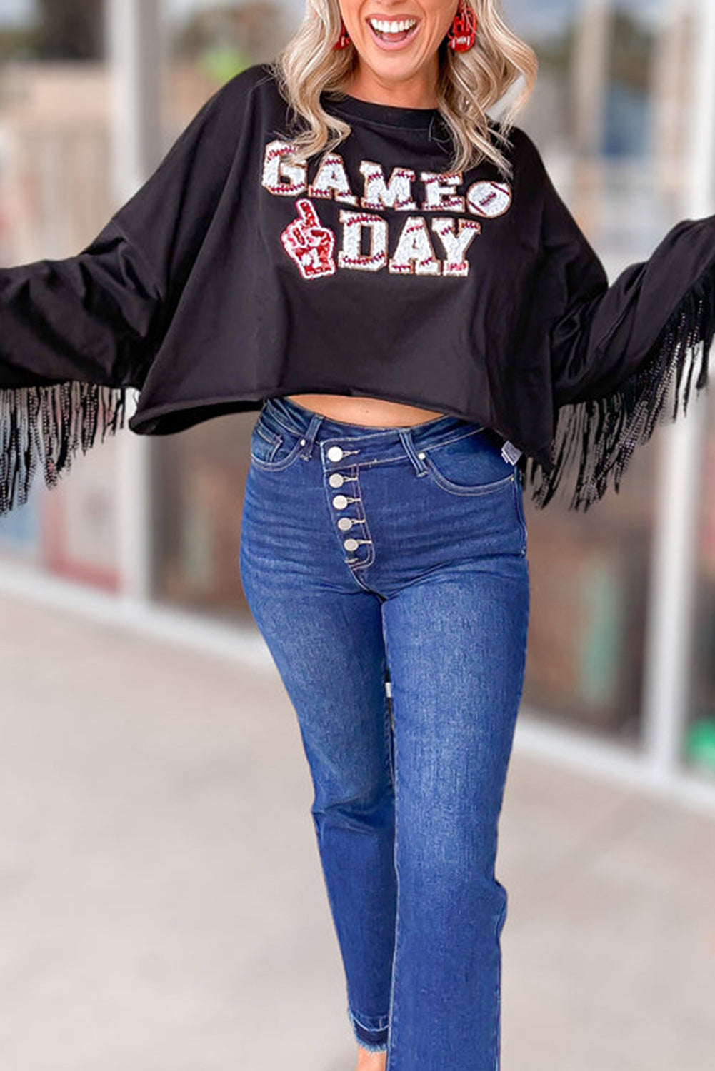 Black GAME DAY Sequined Tasseled Cropped Sweatshirt