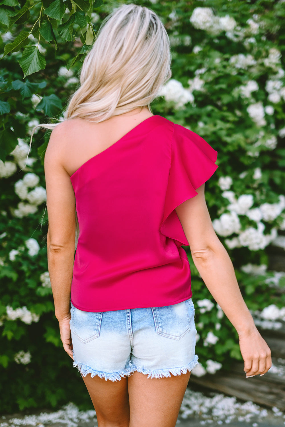 Strawberry Pink Asymmetric Shoulder Ruffle Sleeve Elegant Blouse