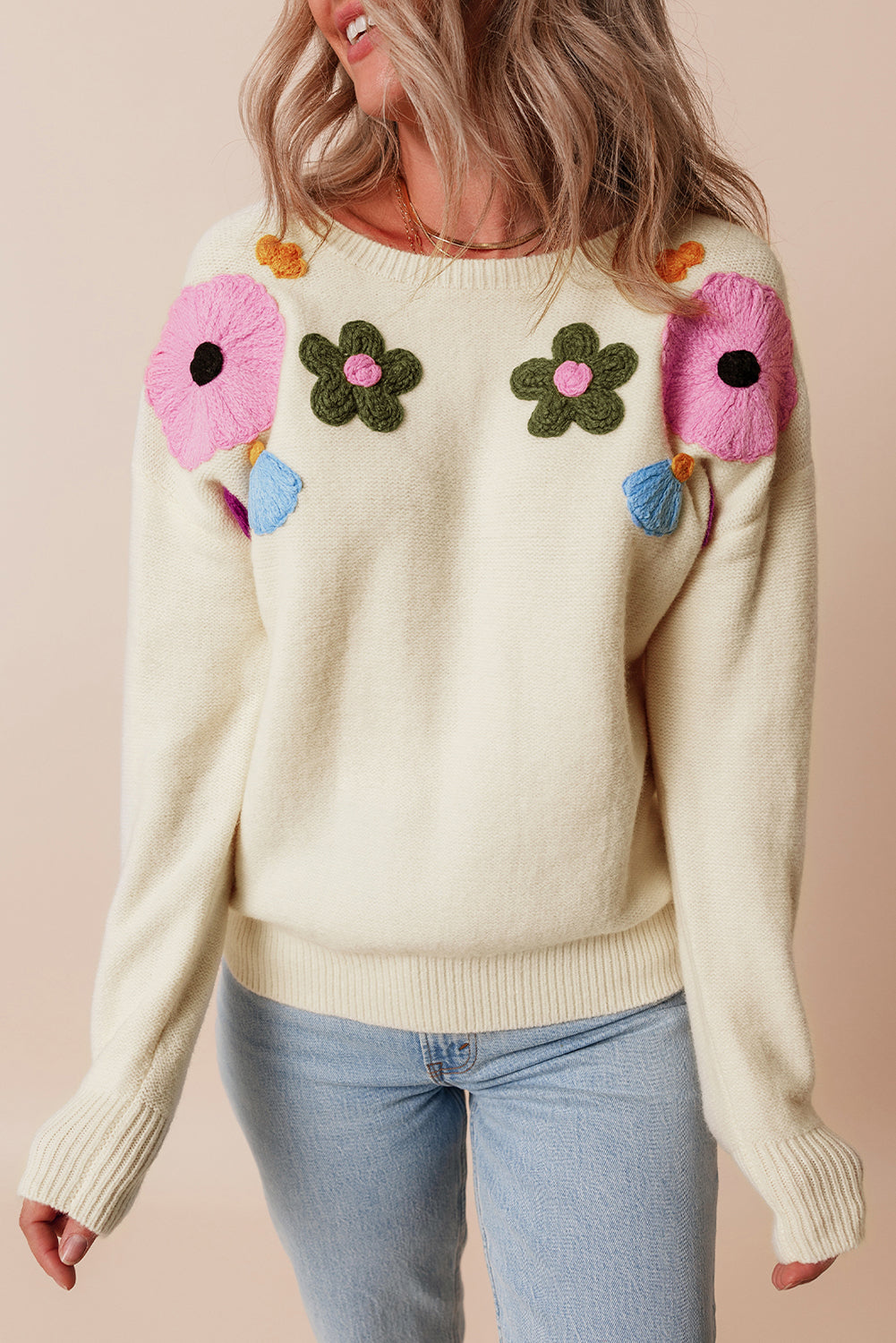 Knitted Flower Pattern Ribbed Edge Sweater