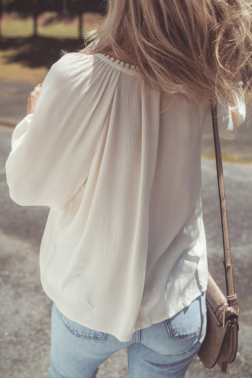 Beige Floral Embroidered Textured Puff Sleeve Loose Shirt