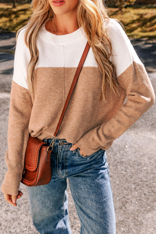 Straw Yellow Color Block Ribbed Sweater