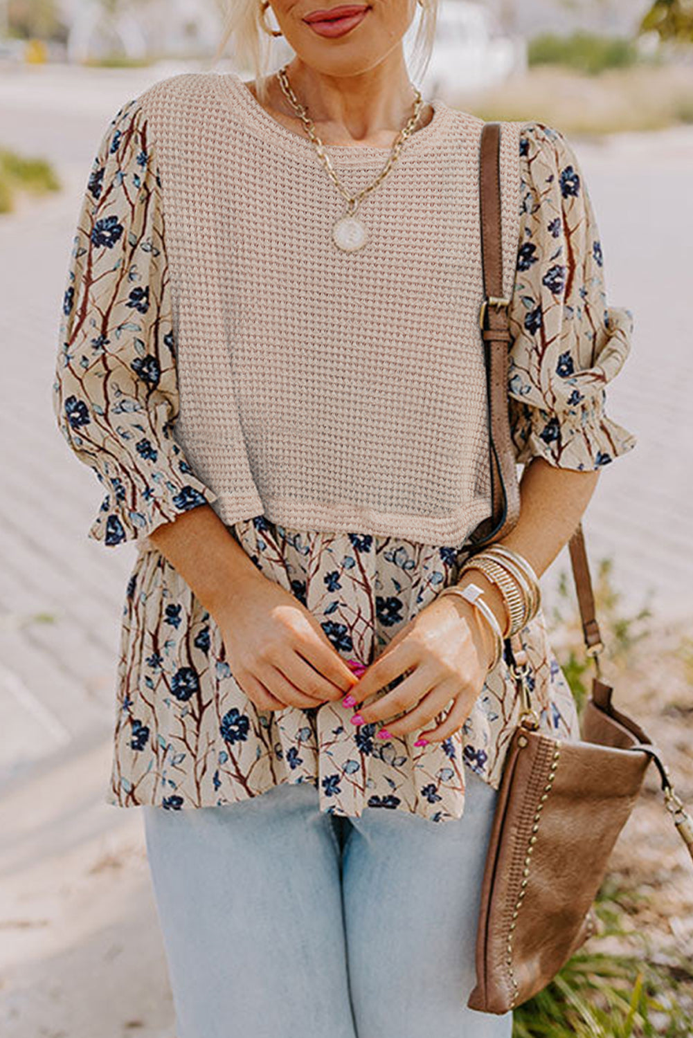 Beige Faux Two Piece Knit Patchwork Floral Top in CURVY SIZE ONLY