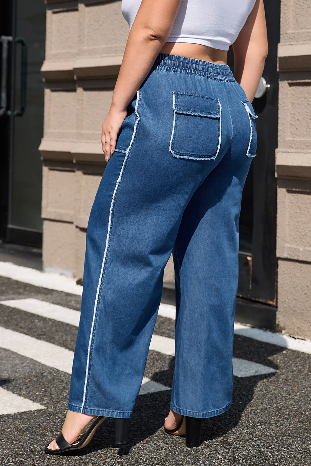 Blue Washed Denim Chambray Loose Pants in CURVY SIZE ONLY