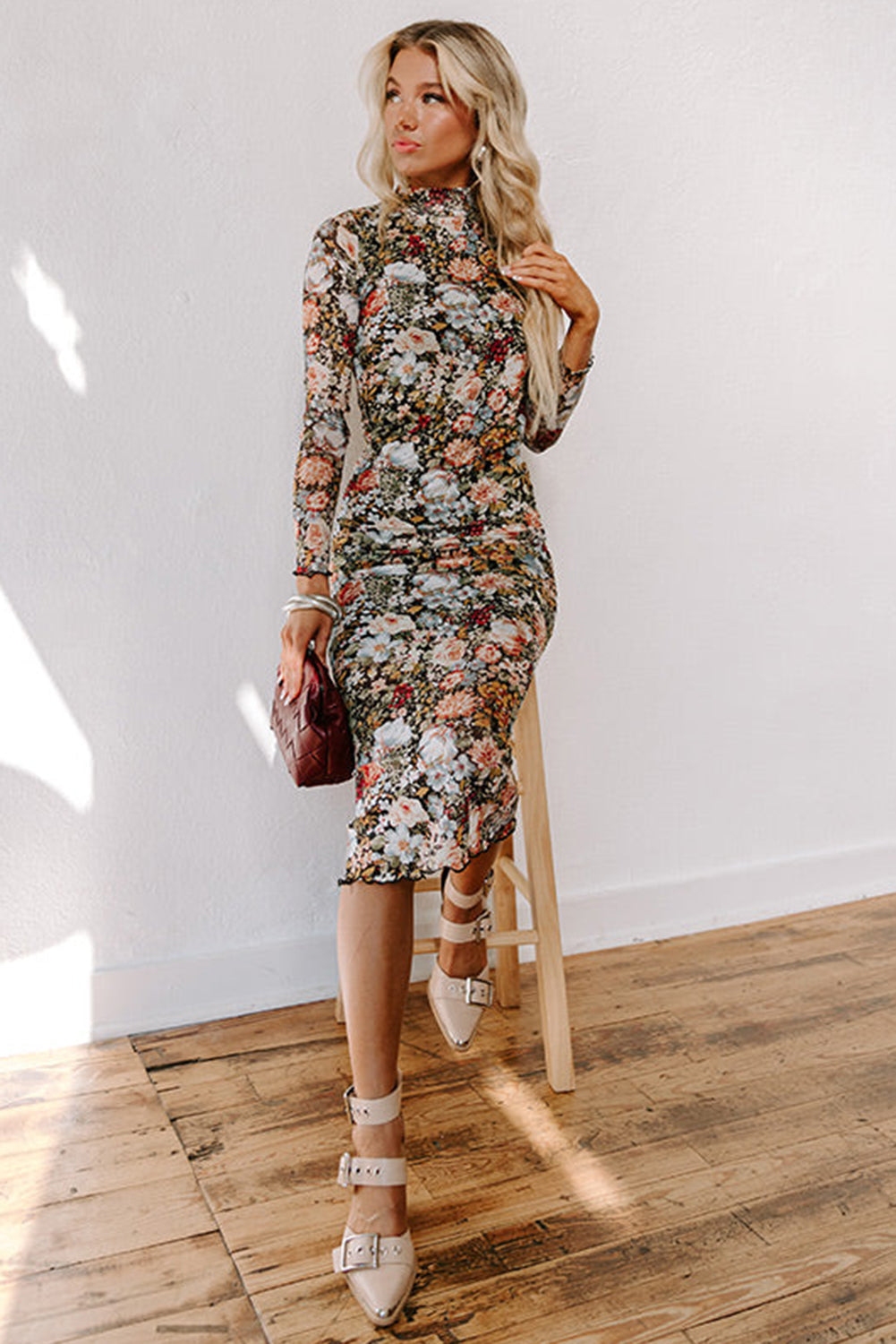 Brown Floral Mock Neck Bodycon Long Sleeve Midi Dress