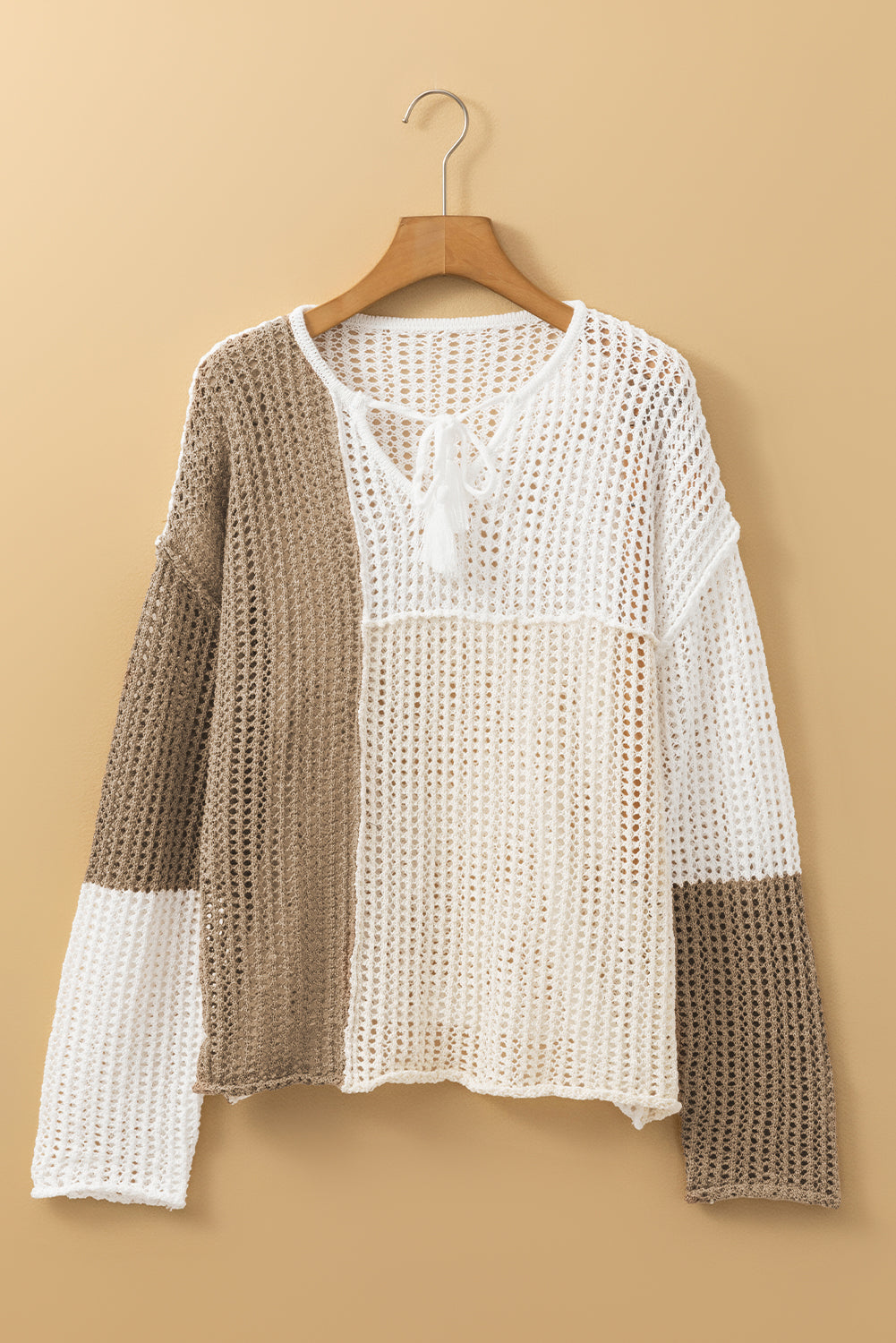 Brown Hollow-out Front Tie V Neck Lightweight Sweater